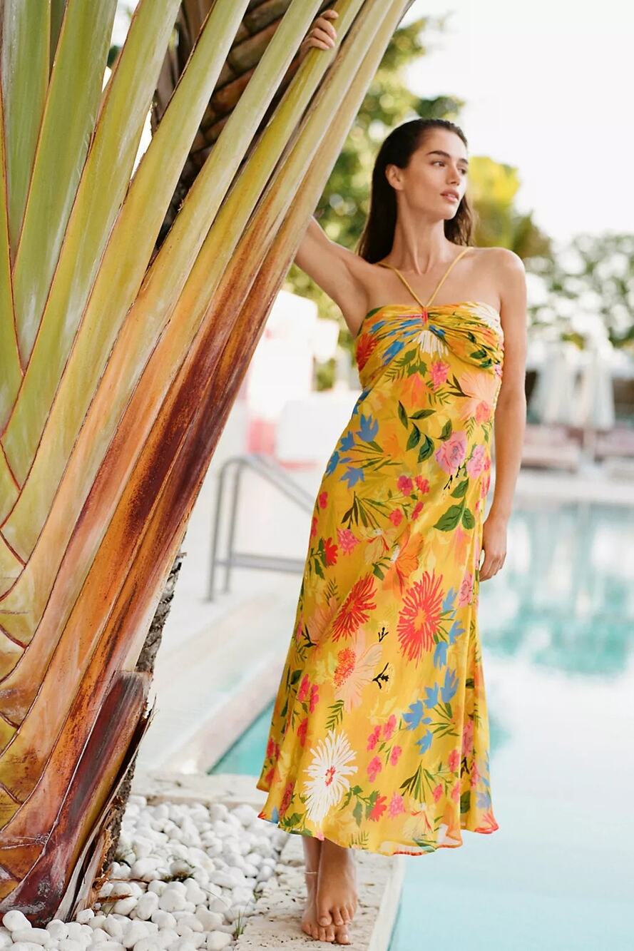 NWT By Anthropologie Halter Slip Midi Dress $168 SMALL Yellow Floral Motif